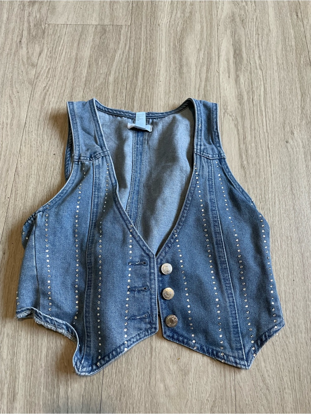 Forever 21 Blue Denim Studded V-Neck Crop Vest